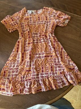 Wrangler Girls' Aztec Print Dress in Rust and Cream